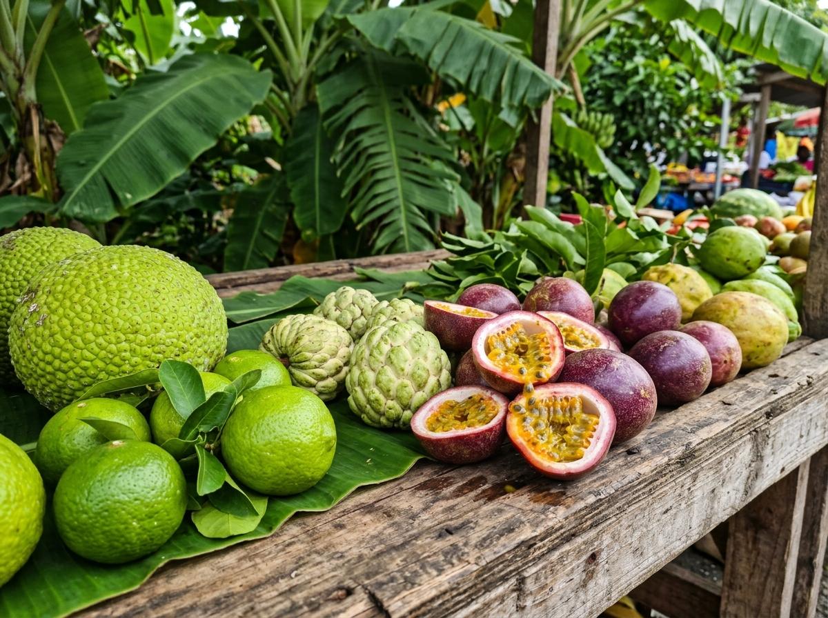 Fruits tropicaux antillais sur un étal en bois