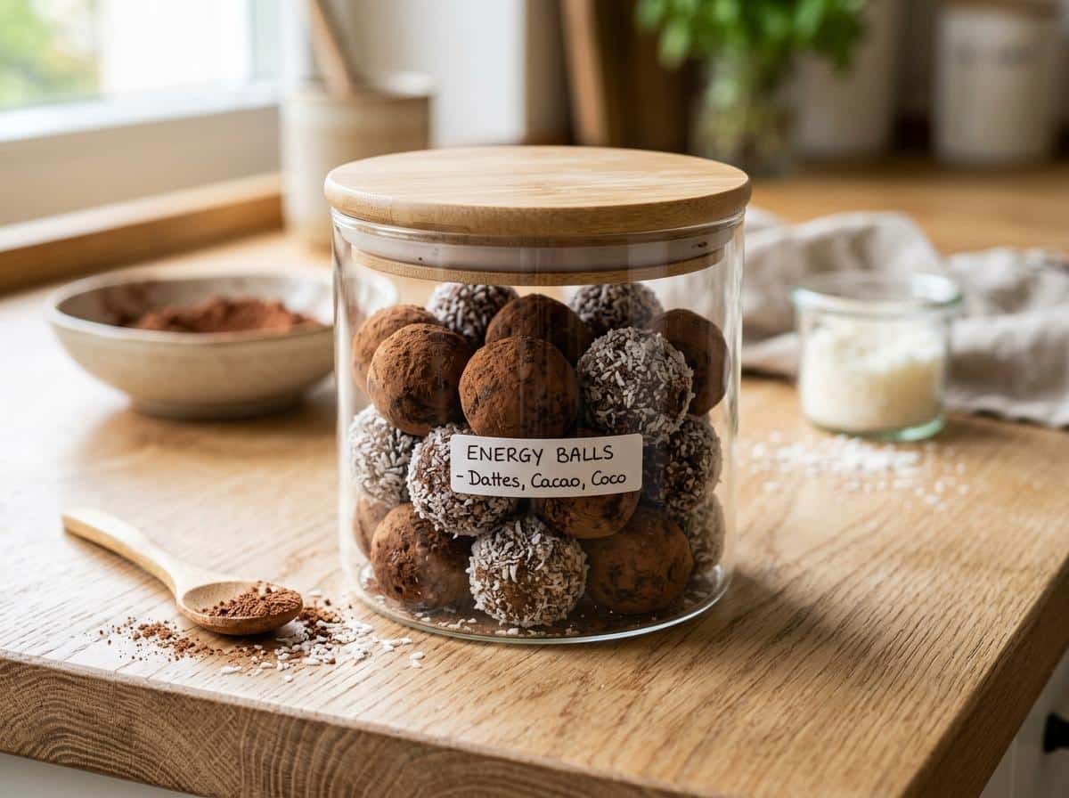 Energy balls aux dattes roulées dans le cacao