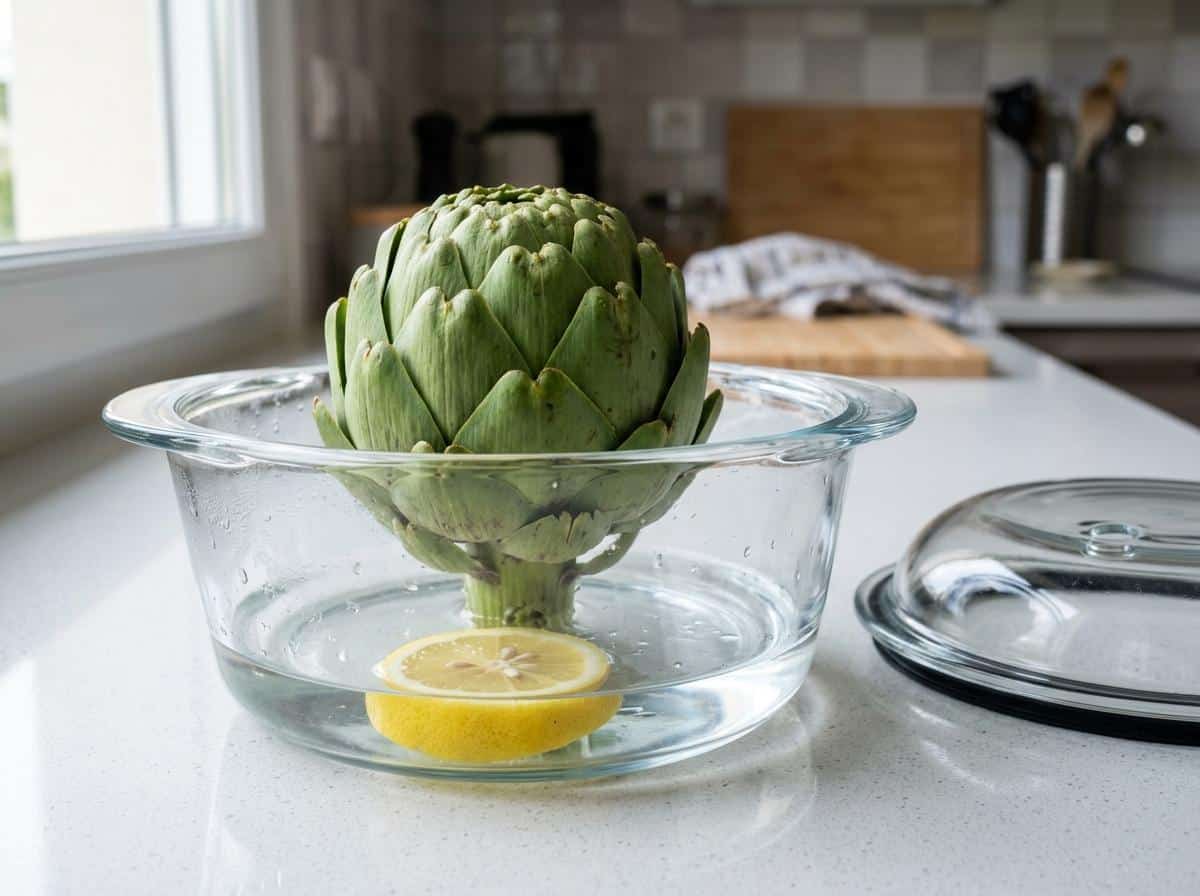 Artichaut cuit dans un récipient en verre couvert