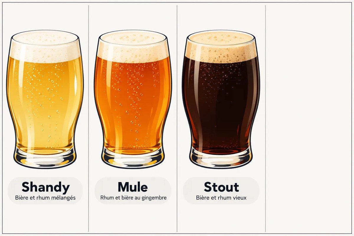Trois verres de bière aux tintes dorées et ambrées alignés, chacun portant le nom du cocktail.