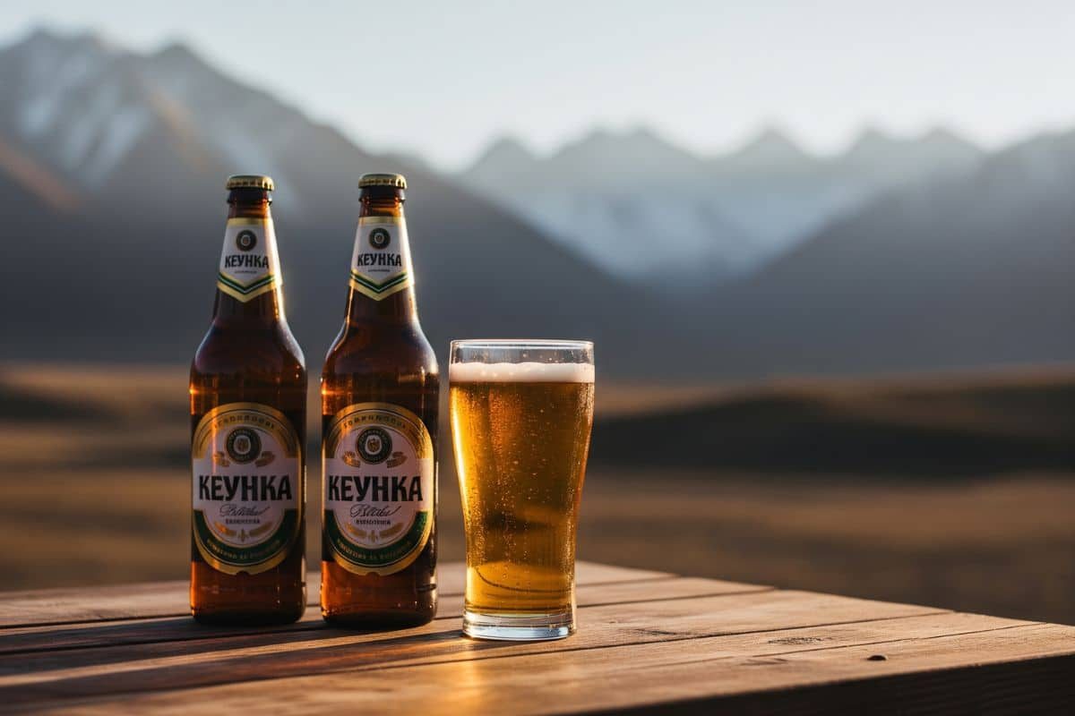 Bières locales kirghizes avec montagnes en fond