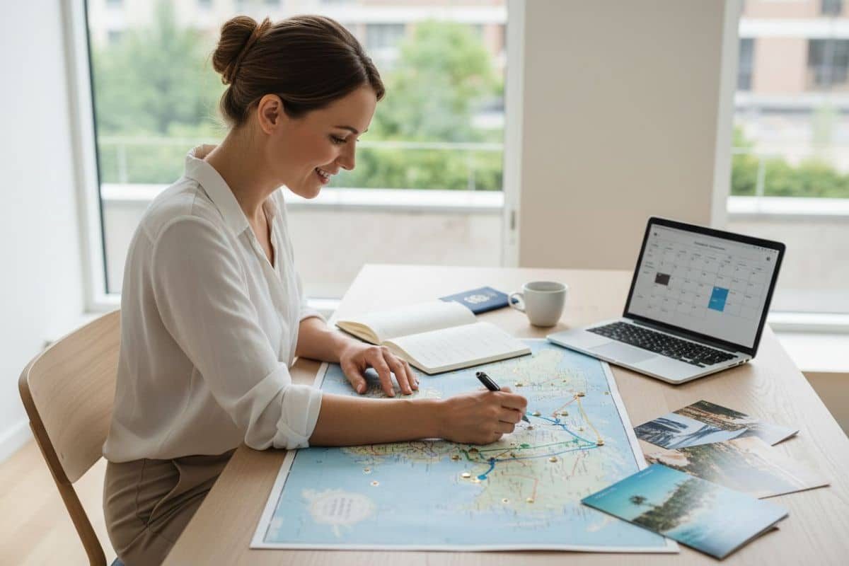 Femme trace un ititnéraire pour un voyage