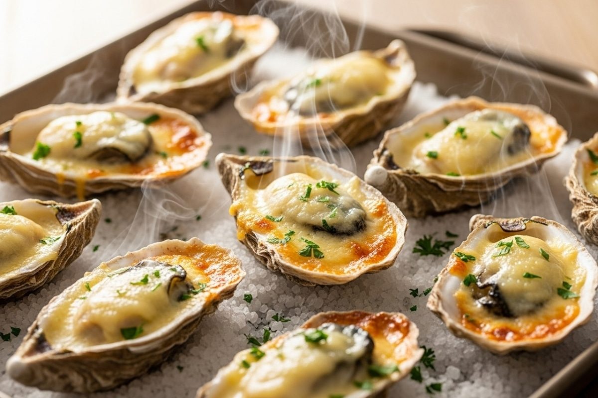 Huîtres gratinées au four dorées au parmesan sur un lit de gros sel, décorées de persil frais, recette française gourmande et rapide