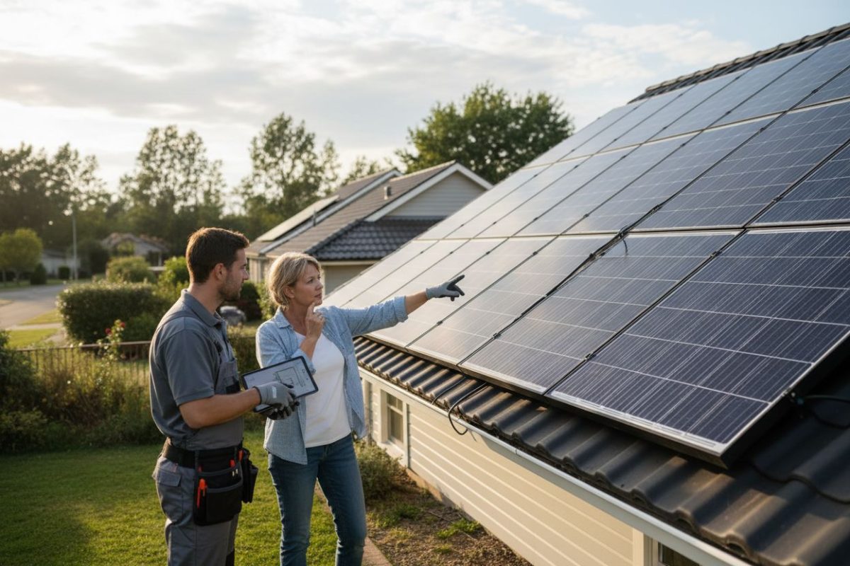 Femme avec un professionnel pose panneaux solaire