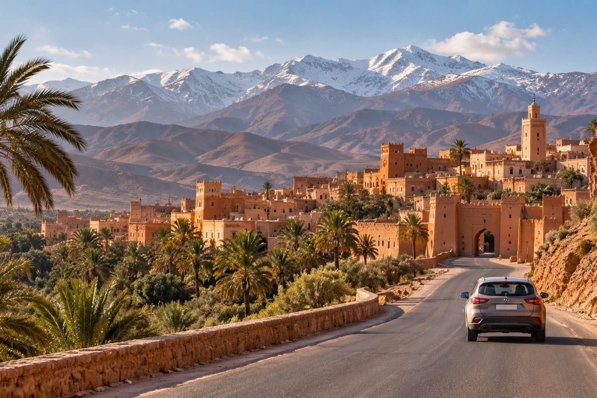 Voiture, kasbah et montagnes enneigées